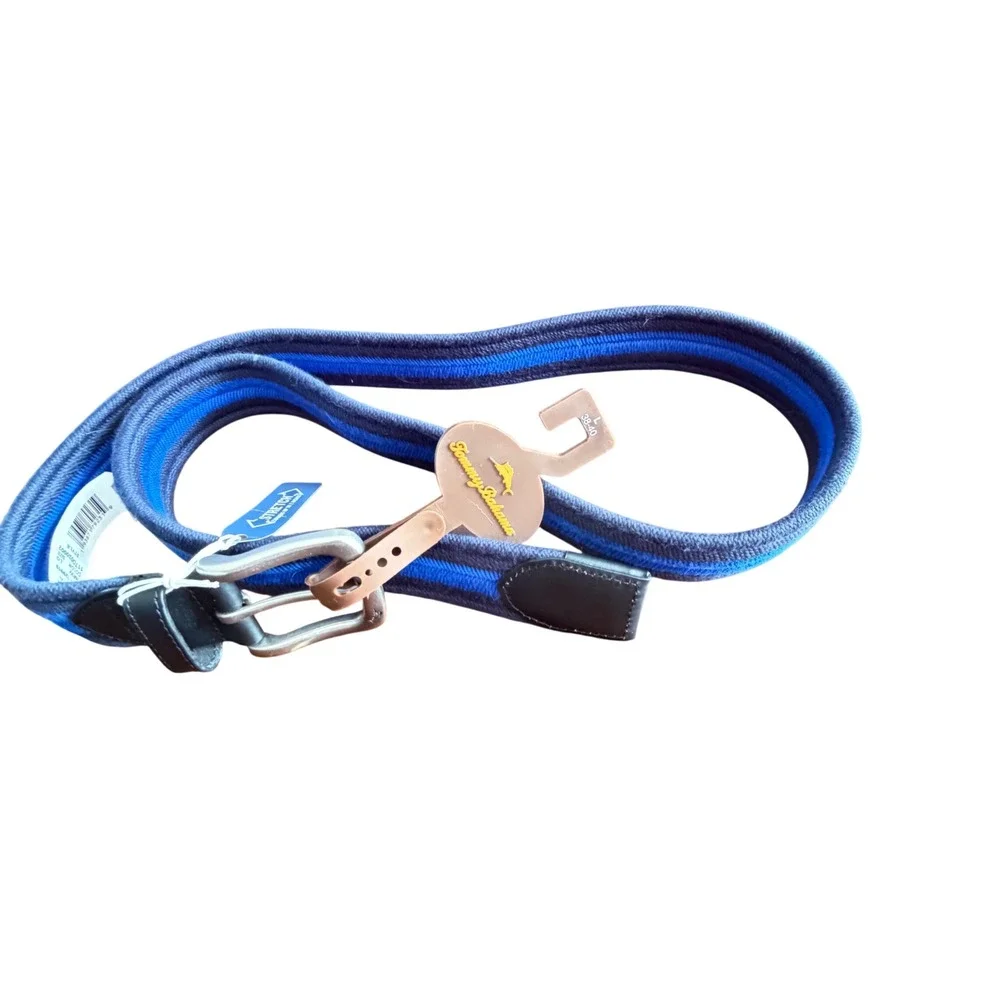 Tommy Bahama Braided Stretch Belt Mens Large Navy Blue New Leather Trim